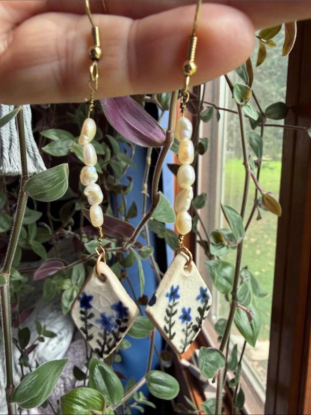 Handmade Blue Floral Ceramic and Freshwater Pearl Drop Earrings - Gold Hooks